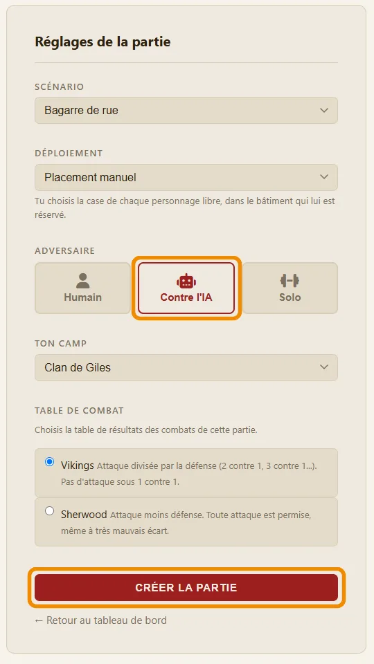 The form to create a game against the AI
