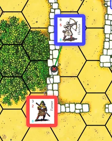 An archer's line of sight, blocked by a wall