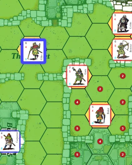 The reachable hexes, with infiltration tests in red